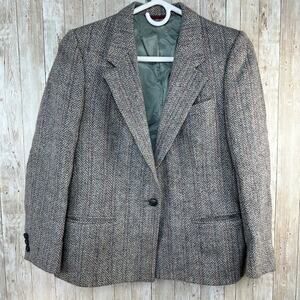 Jos A Bank Harris Scottish Wool Blazer Womens 8 Gray Pink Chevron Tweed Jacket